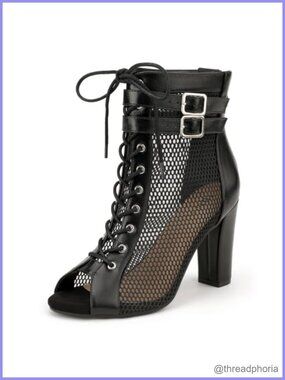 Peep Toe Mesh Heeled Sandals Lace Up Zipper Block Heel Formal Dance
